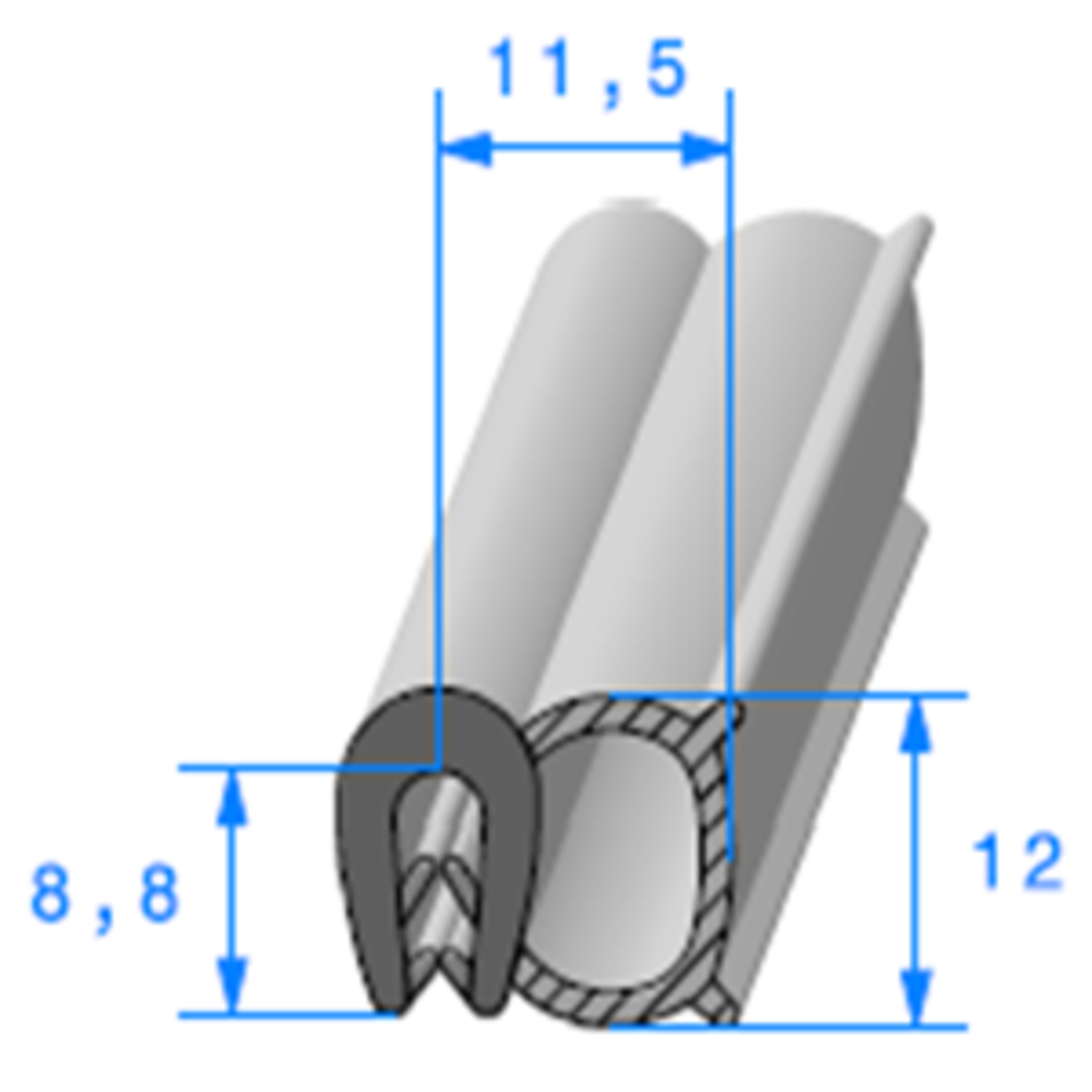 Pince EPDM + Bulbe EPDM 
 [Accroche 1,5 à 2,5 mm] 
 Vendu au Mètre