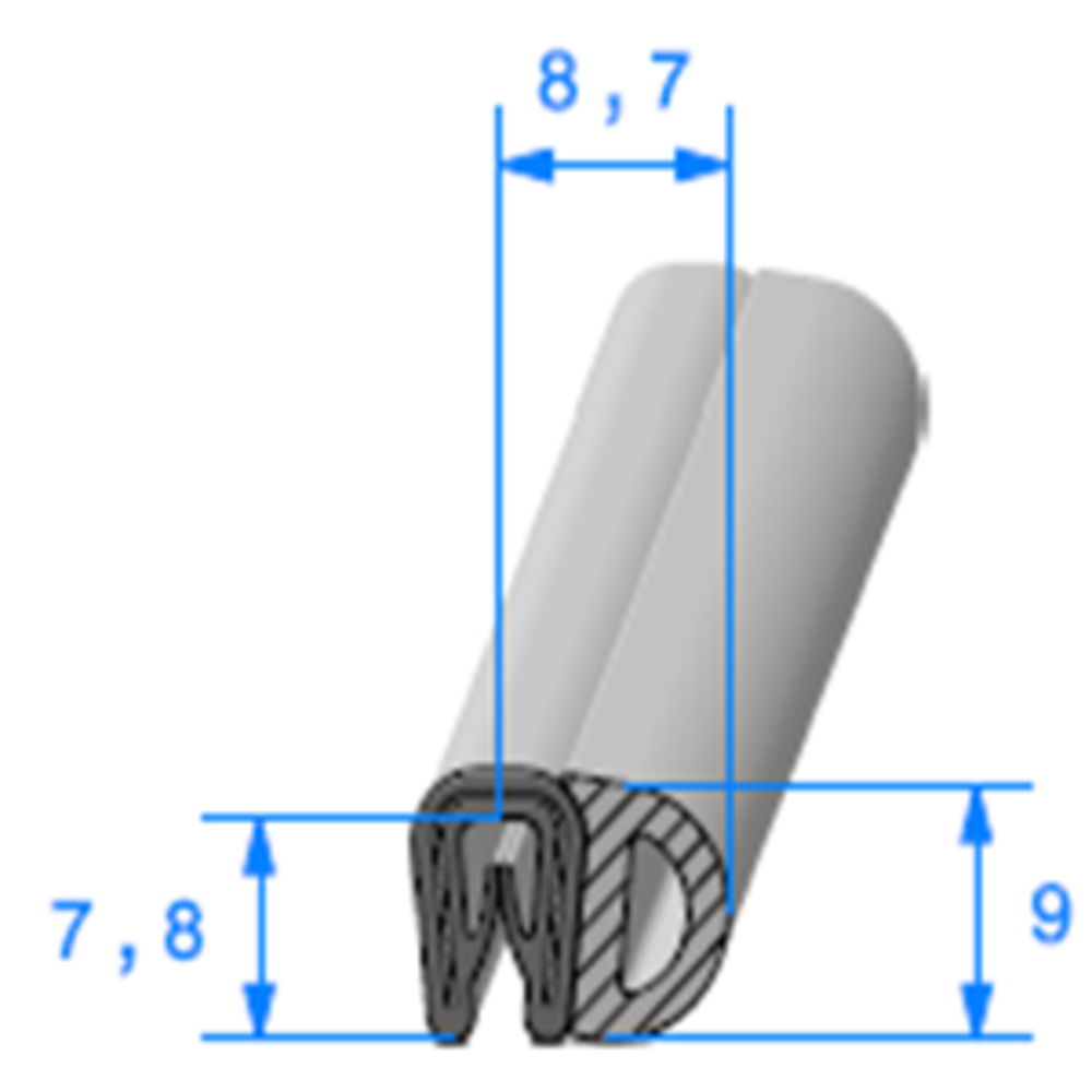 Pince PVC Armé + Bulbe EPDM 
 [Accroche 1 à 2 mm] 
 Vendu au Mètre