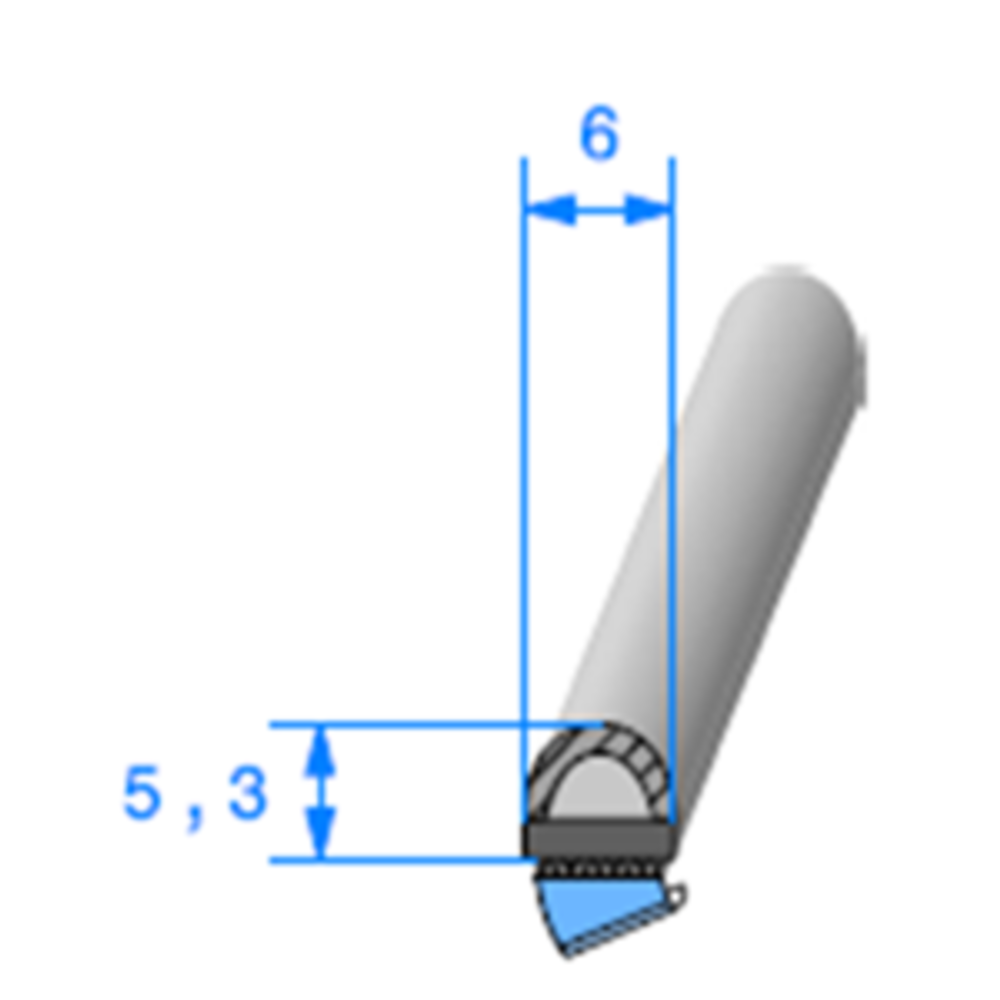 Semelle EPDM ADH + Bulbe EPDM 
 [5,3 x 6 mm] 
 Vendu au Mtre