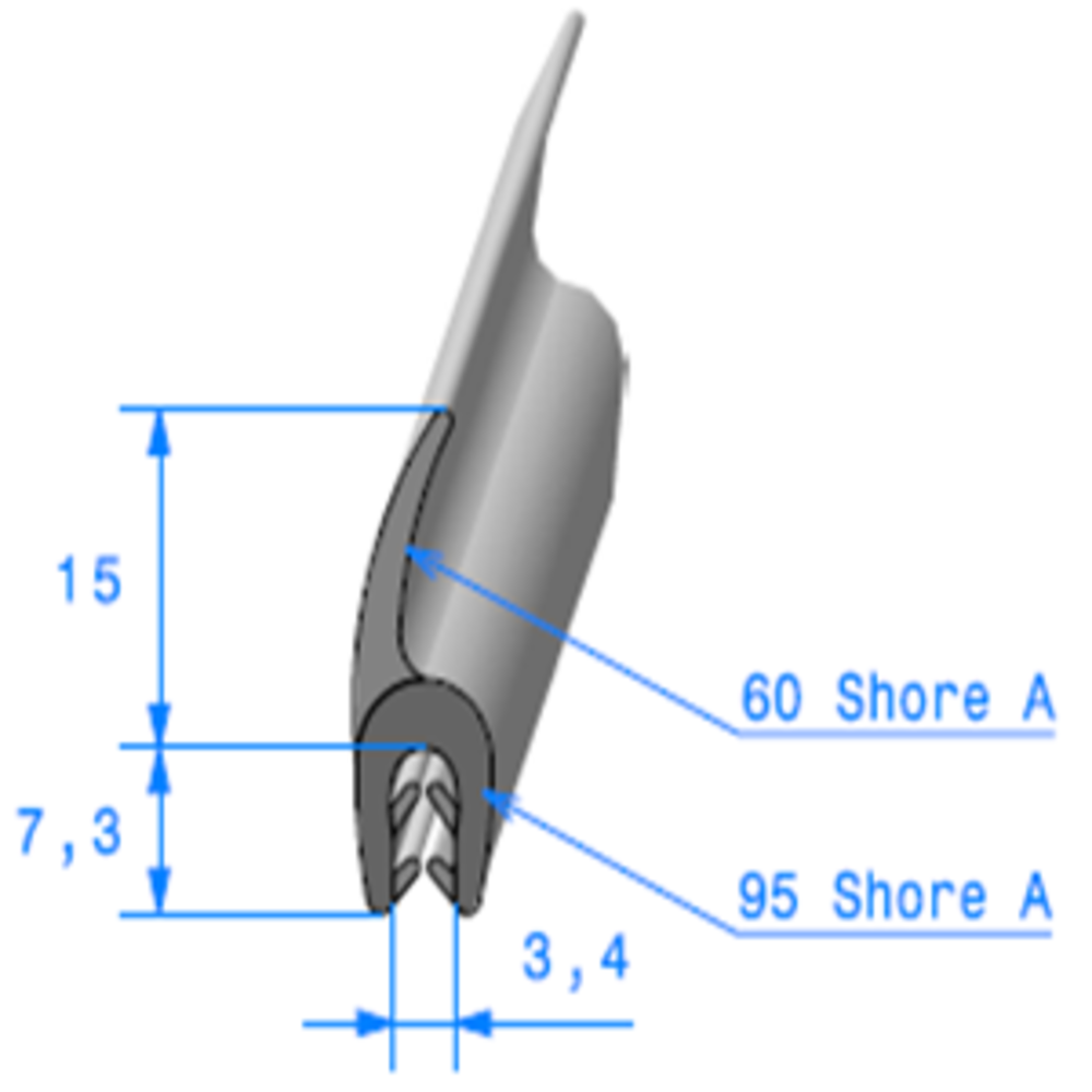 Pince EPDM + Lèvre EPDM 
 [Accroche 1,5 à 2,5 mm] 
 Vendu au Mètre