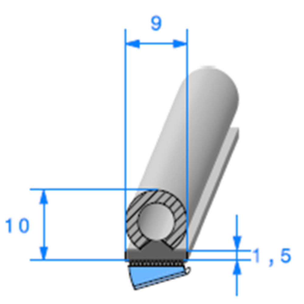 Semelle EPDM ADH + Bulbe EPDM 
 [10 x 9 mm] 
 Vendu au Mtre