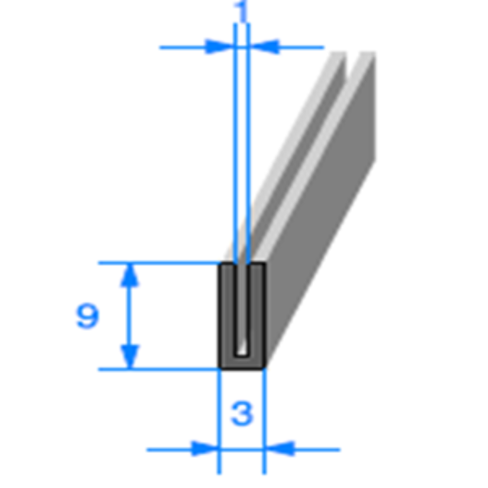 Compact en U 
 [9 x 3 mm] 
 [Accroche 1 mm] 
 Vendu au Mtre