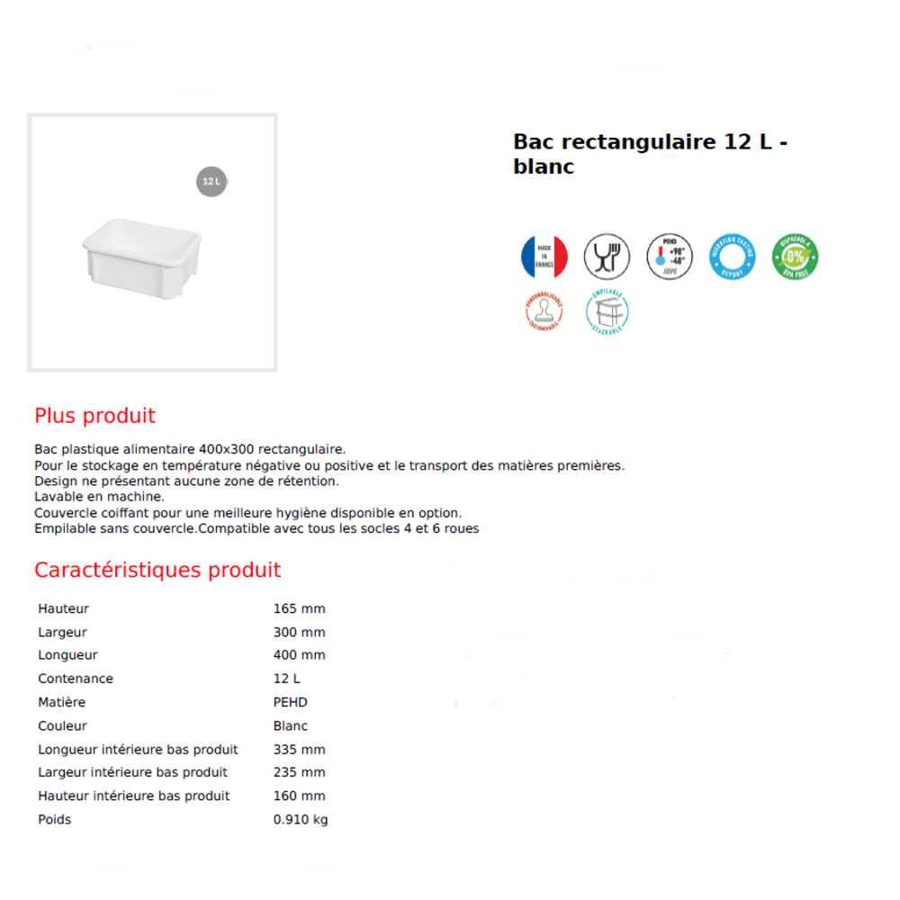 Bac rectangulaire  Blanc SUR CONSULTATION