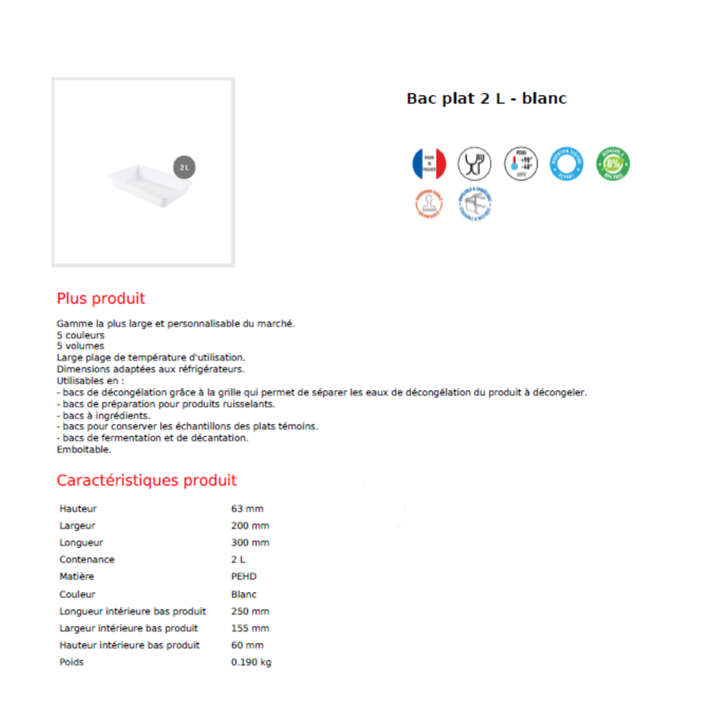 Bac plat/plein  Blanc SUR CONSULTATION