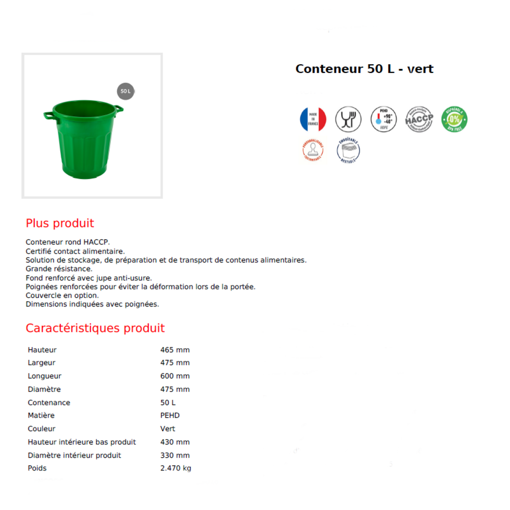 Couvercle plat pour conteneur rond HACCP 75 L et baquet 50 L