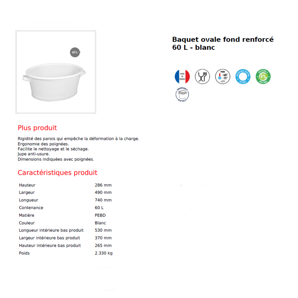 Baquet ovale  Blanc SUR CONSULTATION